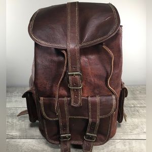 Vtg Waxed Brown Leather Book Pack Camping School Day Knapsack Backpack Rucksack